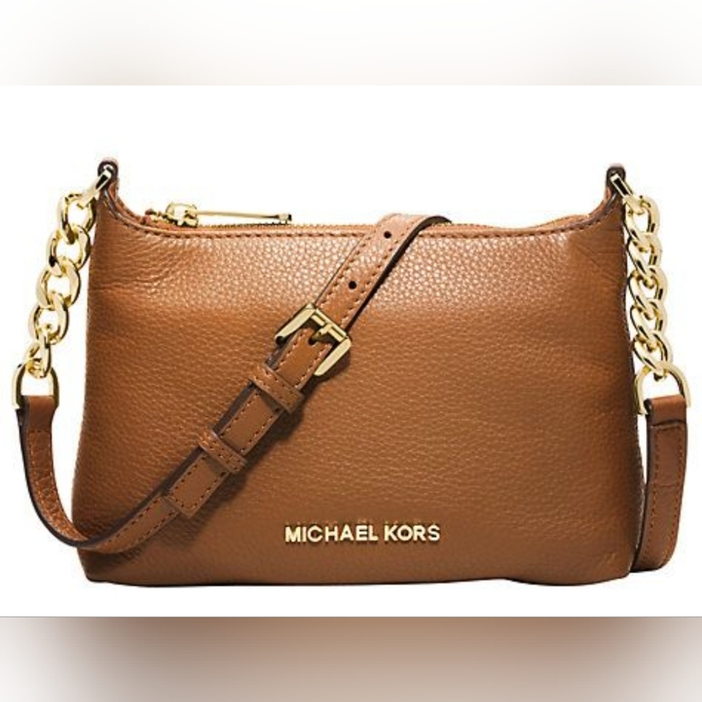 Michael Kors Crossbody Purse Tan Gold Hardware MK Shoulder Bag Adjustable Strap